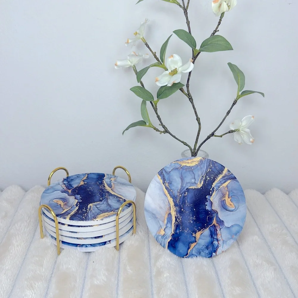 6 Pcs Navy Blue and Gold Marble Abstract Ceramic Coasters with Gold Holder